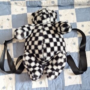dELiA*s Black Plush Bear Backpack Checkerboard Black White